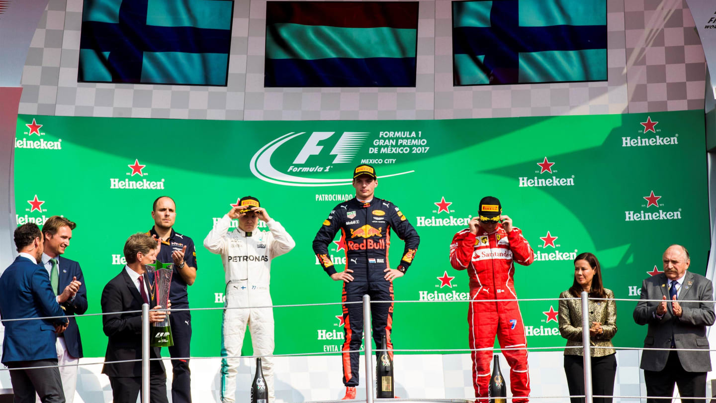 (L to R): Gianpiero Lambiase (ITA) Red Bull Racing Race Engineer, Valtteri Bottas (FIN) Mercedes AMG F1, Max Verstappen (NED) Red Bull Racing and Kimi Raikkonen (FIN) Ferrari on the podium at Formula One World Championship, Rd18, Mexican Grand Prix, Race, Circuit Hermanos Rodriguez, Mexico City, Mexico, Sunday 29 October 2017. © Steven Tee/LAT/Sutton Images