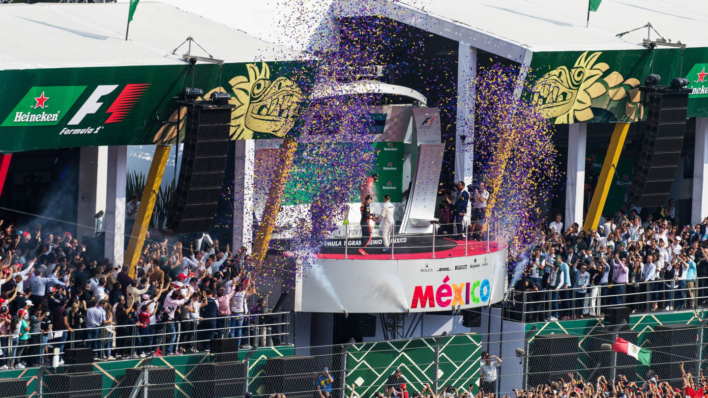 Podium celebrations at Formula One World Championship, Rd18, Mexican Grand Prix, Race, Circuit Hermanos Rodriguez, Mexico City, Mexico, Sunday 29 October 2017. © Kym Illman/Sutton Images