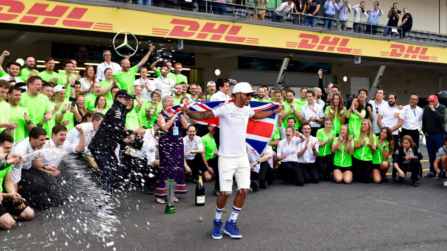 World Champion Hamilton (GBR) Mercedes AMG F1 celebrates with the team and the champagne at Formula One World Championship, Rd18, Mexican Grand Prix, Race, Circuit Hermanos Rodriguez, Mexico City, Mexico, Sunday 29 October 2017. © Mark Sutton/Sutton Images