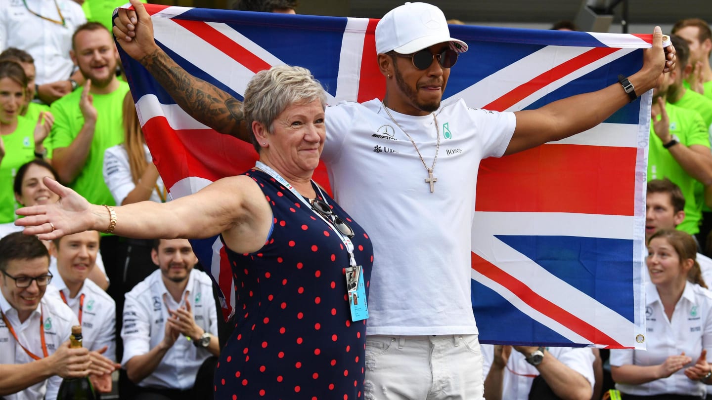 World Champion Lewis Hamilton (GBR) Mercedes AMG F1 celebrates with his Mother Carmen Lockhart (GBR)at Formula One World Championship, Rd18, Mexican Grand Prix, Race, Circuit Hermanos Rodriguez, Mexico City, Mexico, Sunday 29 October 2017. © Mark Sutton/S