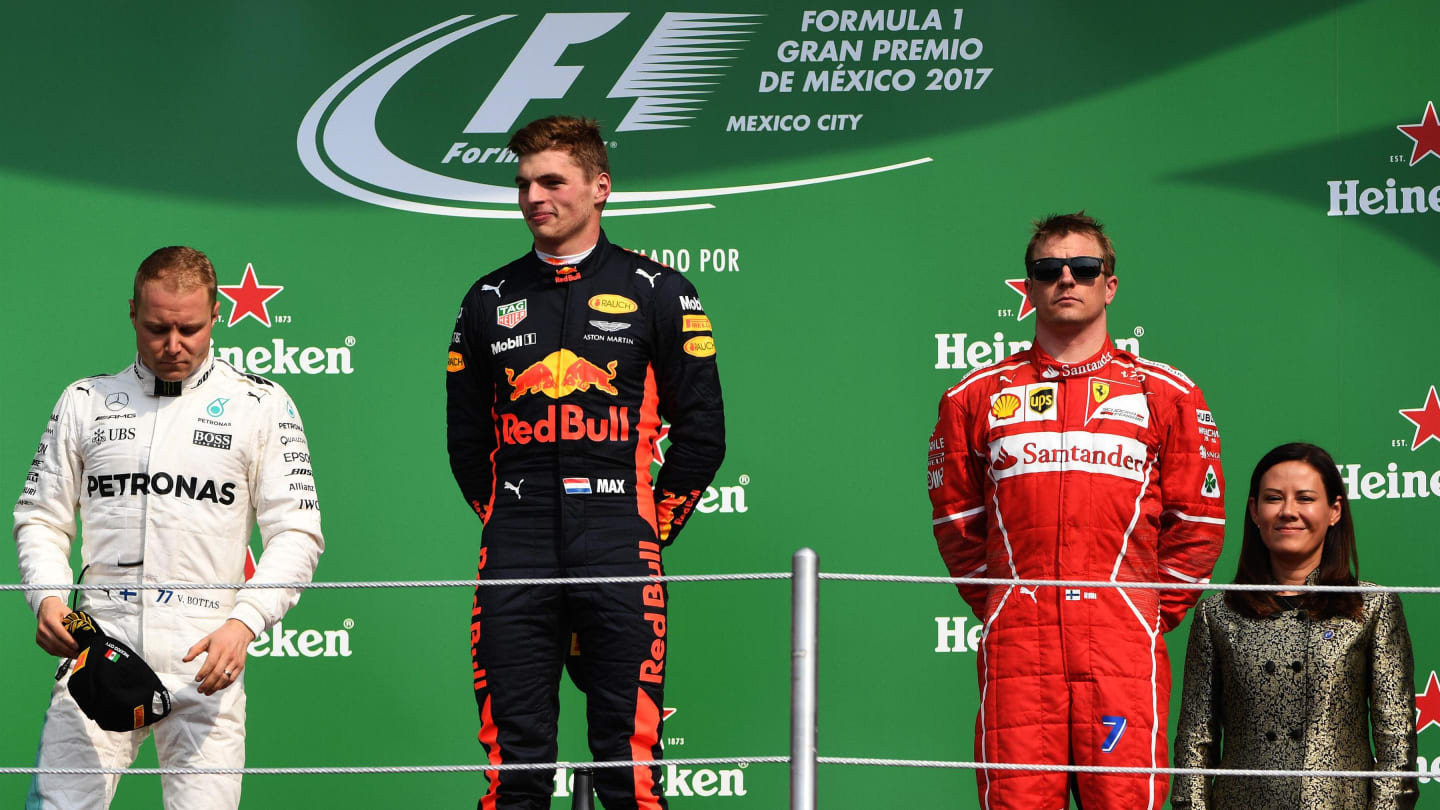 (L to R): Valtteri Bottas (FIN) Mercedes AMG F1, Max Verstappen (NED) Red Bull Racing and Kimi