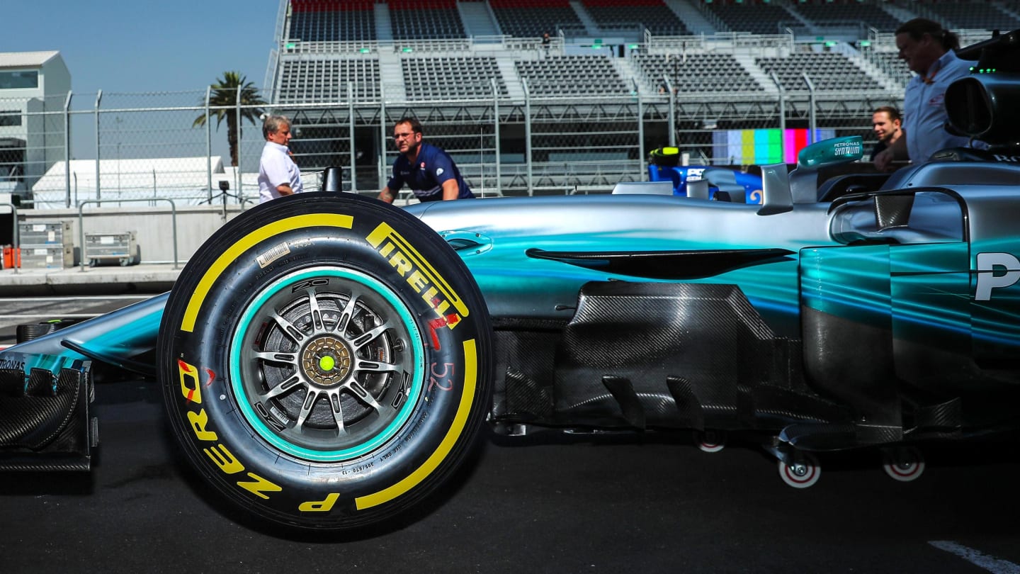 Pirelli tyre and aero detail of Lewis Hamilton (GBR) Mercedes-Benz F1 W08 Hybrid at Formula One