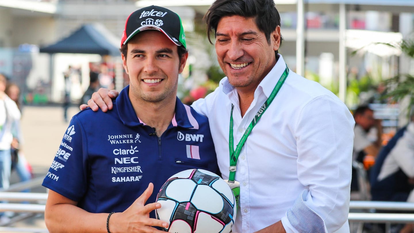 Sergio Perez (MEX) Force India with Ivan Zamorano (CHI) Football Player at Formula One World Championship, Rd18, Mexican Grand Prix, Preparations, Circuit Hermanos Rodriguez, Mexico City, Mexico, Thursday 26 October 2017. © Kym Illman/Sutton Images