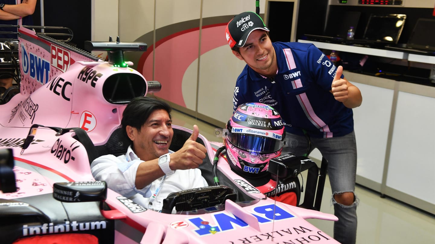 Sergio Perez (MEX) Force India VJM10 and Ivan Zamorano (CHI) Football Player at Formula One World Championship, Rd18, Mexican Grand Prix, Preparations, Circuit Hermanos Rodriguez, Mexico City, Mexico, Thursday 26 October 2017. © Mark Sutton/Sutton Images