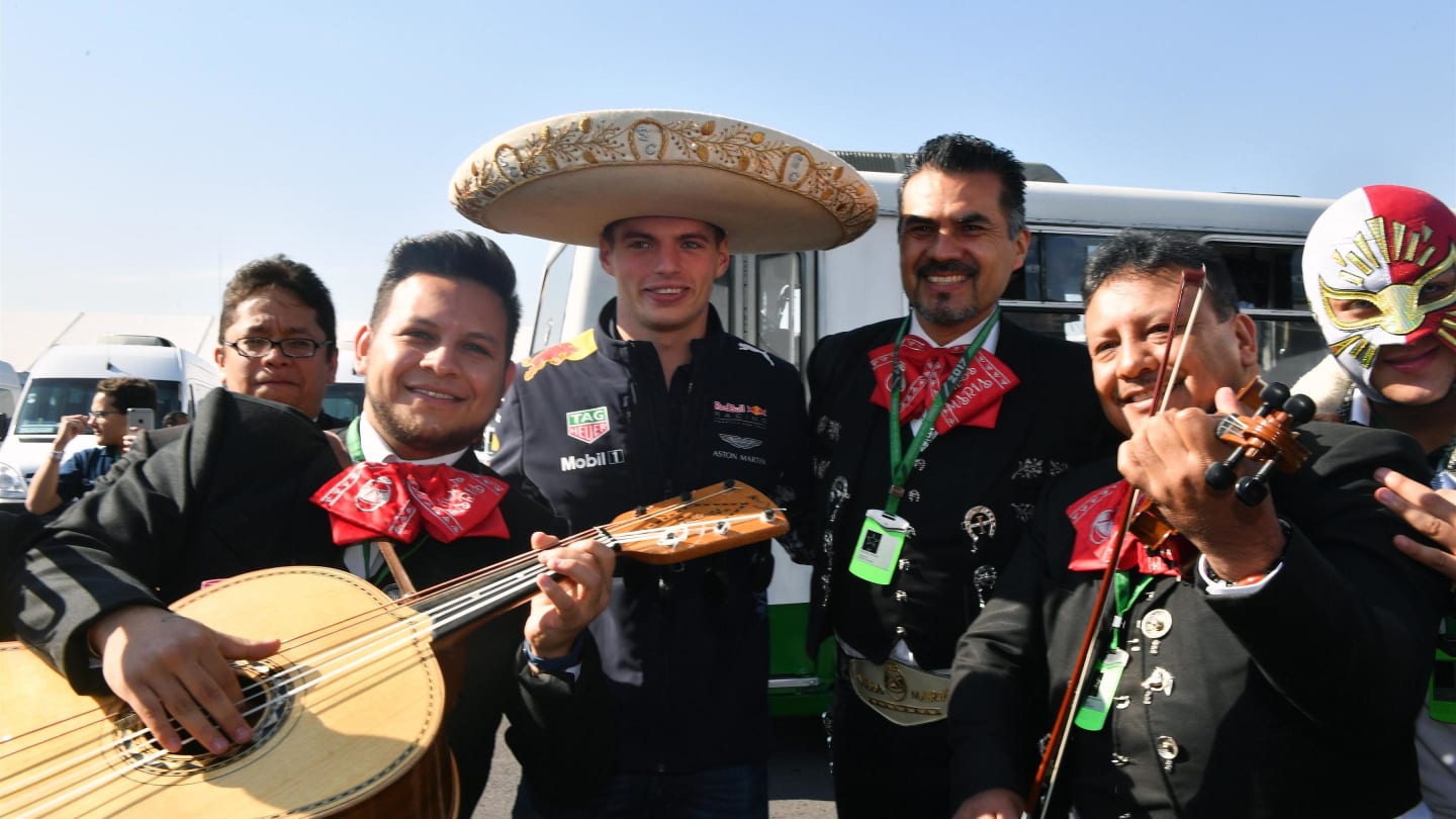 Max Verstappen (NED) Red Bull Racing and Mariachi band at Formula One World Championship, Rd18, Mexican Grand Prix, Preparations, Circuit Hermanos Rodriguez, Mexico City, Mexico, Thursday 26 October 2017. © Mark Sutton/Sutton Images