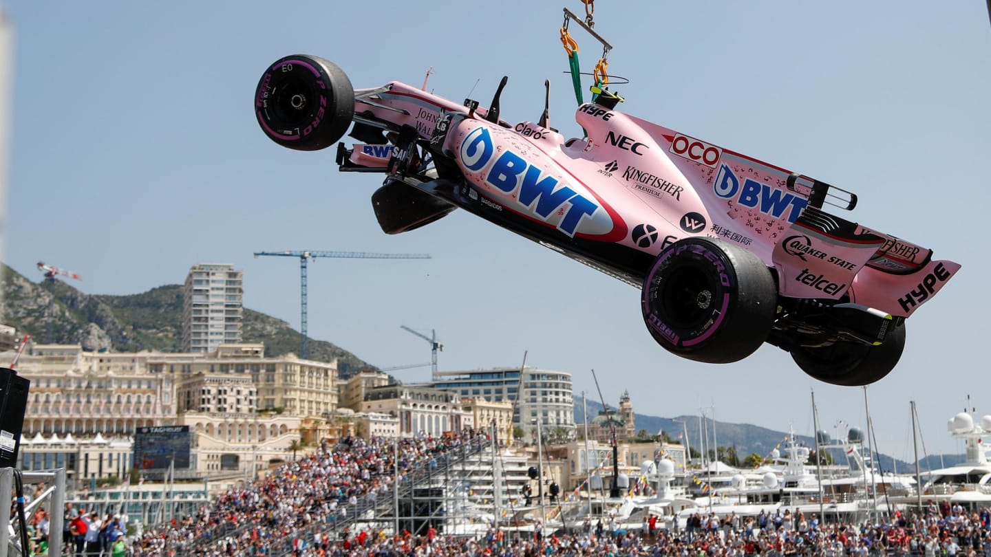 The crashed car of Esteban Ocon (FRA) Force India VJM10 is recovered at Formula One World Championship, Rd6, Monaco Grand Prix, Qualifying, Monte-Carlo, Monaco, Saturday 27 May 2017. © Sutton Images