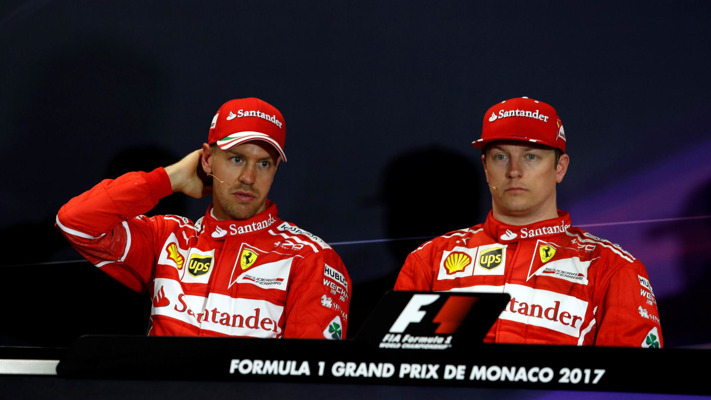 Sebastian Vettel (GER) Ferrari and Kimi Raikkonen (FIN) Ferrari in the Press Conference at Formula One World Championship, Rd6, Monaco Grand Prix, Qualifying, Monte-Carlo, Monaco, Saturday 27 May 2017. © Sutton Images