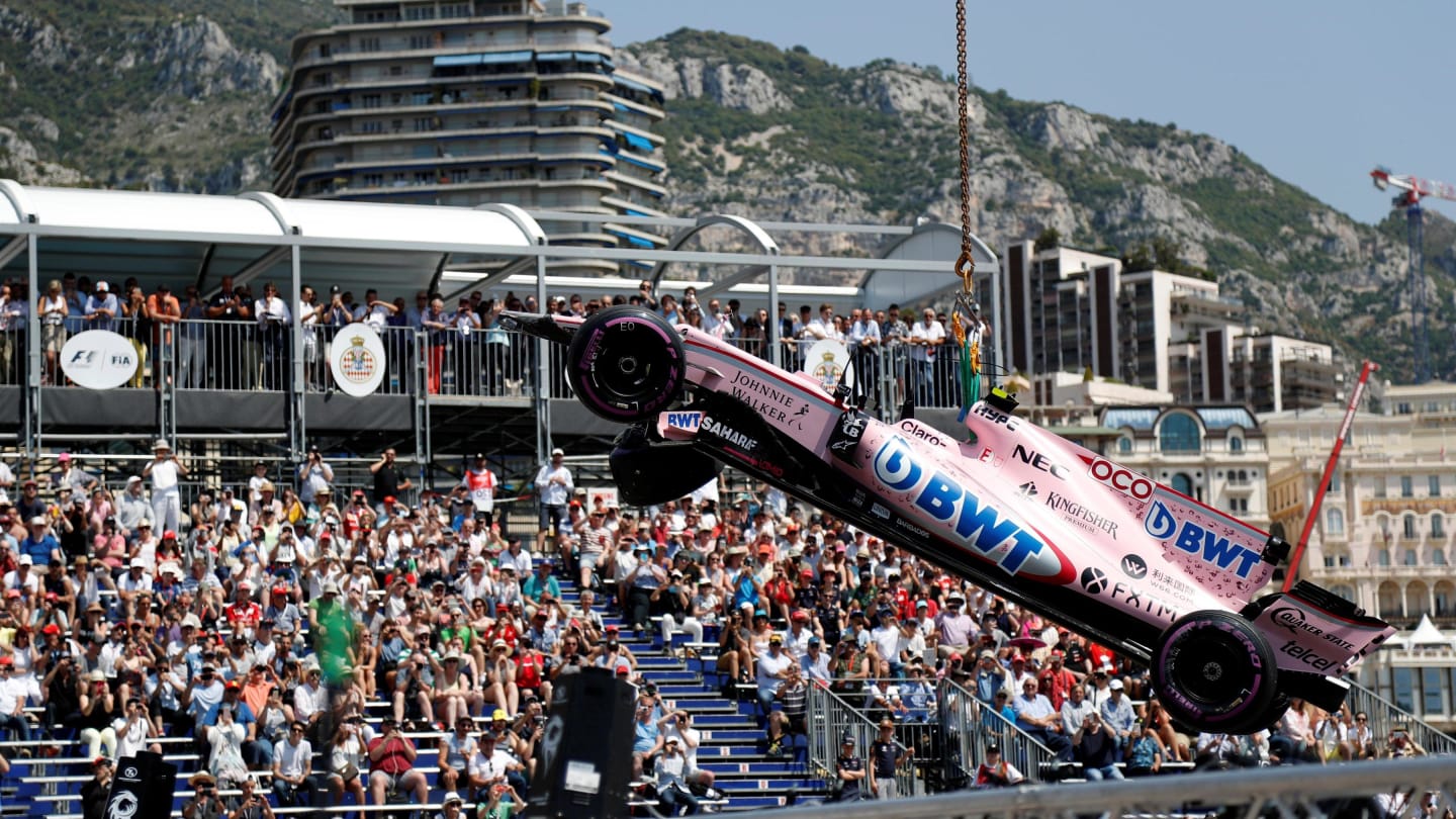 The crashed car of Esteban Ocon (FRA) Force India VJM10 is recovered in FP3 at Formula One World Championship, Rd6, Monaco Grand Prix, Qualifying, Monte-Carlo, Monaco, Saturday 27 May 2017. © Sutton Images