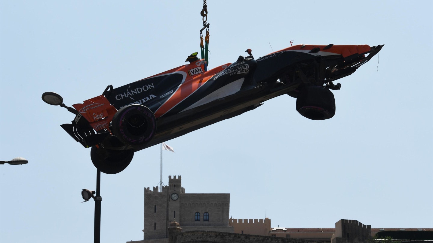 The crashed car of Stoffel Vandoorne (BEL) McLaren MCL32 is caraned away in Q2 at Formula One World Championship, Rd6, Monaco Grand Prix, Qualifying, Monte-Carlo, Monaco, Saturday 27 May 2017. © Sutton Images