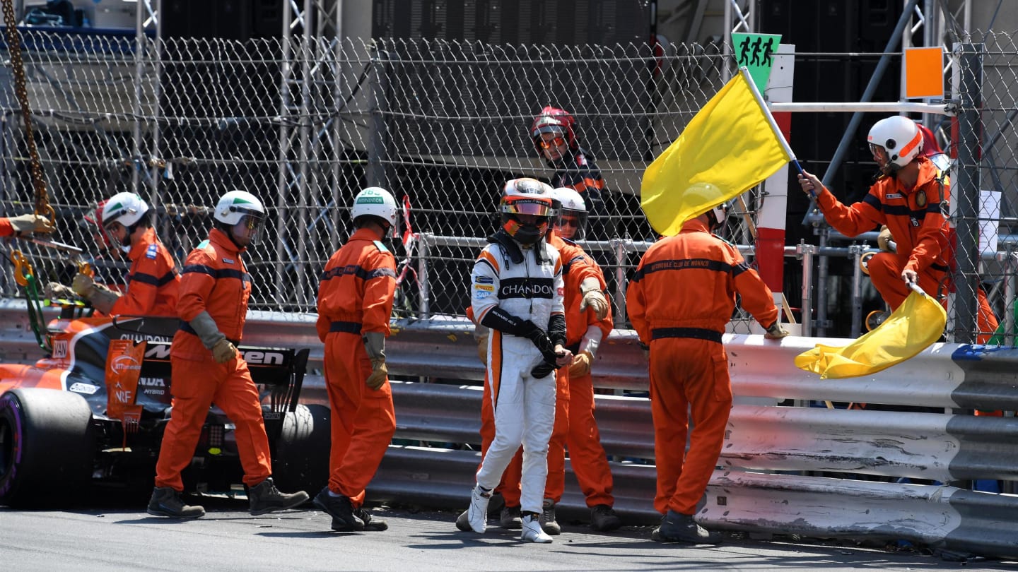 Stoffel Vandoorne (BEL) McLaren walks away after crashing in Q2 at Formula One World Championship, Rd6, Monaco Grand Prix, Qualifying, Monte-Carlo, Monaco, Saturday 27 May 2017. © Sutton Images