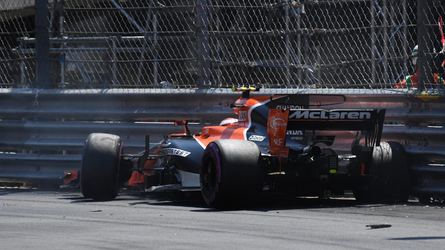Stoffel Vandoorne (BEL) McLaren MCL32 crashed in Q2 at Formula One World Championship, Rd6, Monaco Grand Prix, Qualifying, Monte-Carlo, Monaco, Saturday 27 May 2017. © Sutton Images