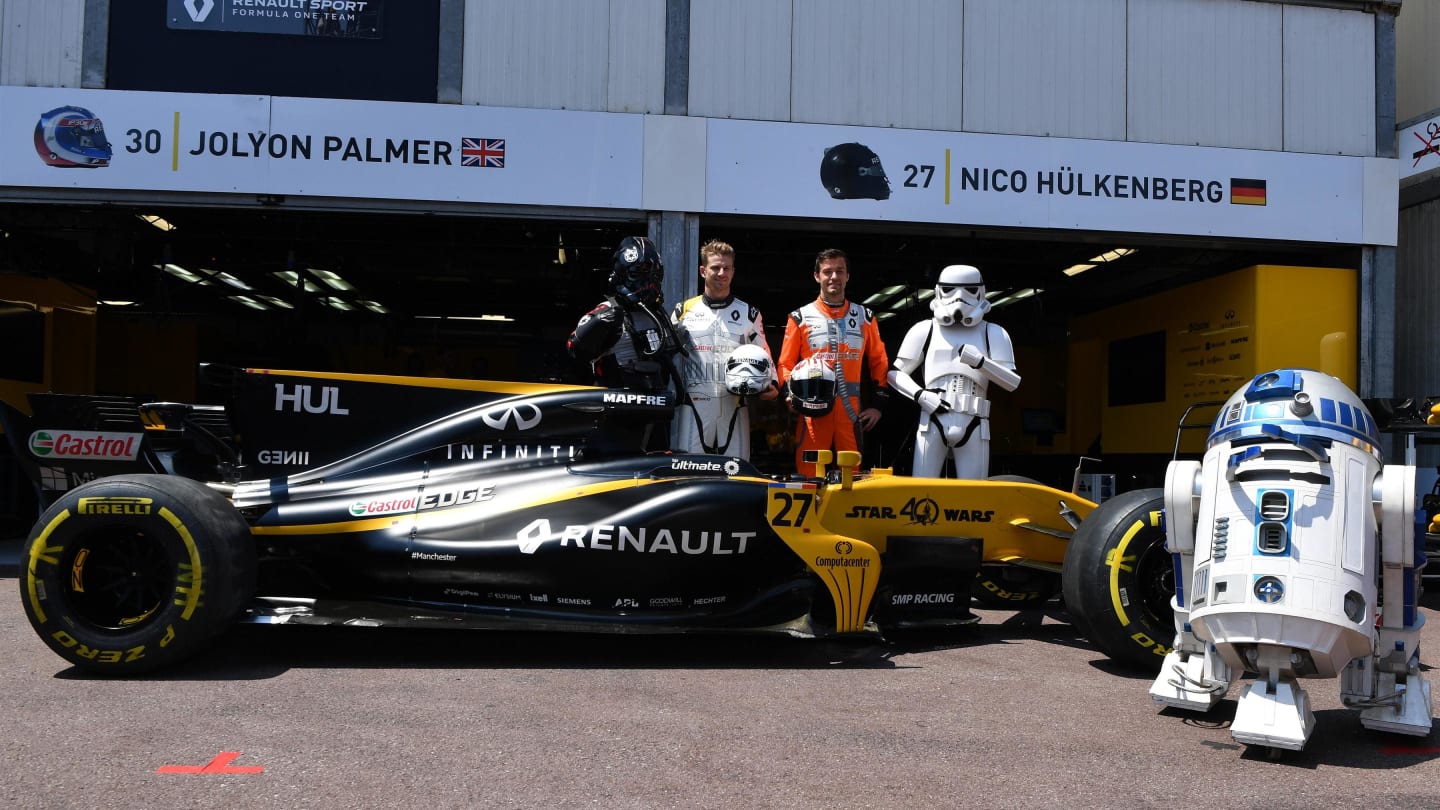 Nico Hulkenberg (GER) Renault Sport F1 Team and Jolyon Palmer (GBR) Renault Sport F1 Team with Star Wars Stormtroppers at Formula One World Championship, Rd6, Monaco Grand Prix, Race, Monte-Carlo, Monaco, Sunday 28 May 2017. © Sutton Images