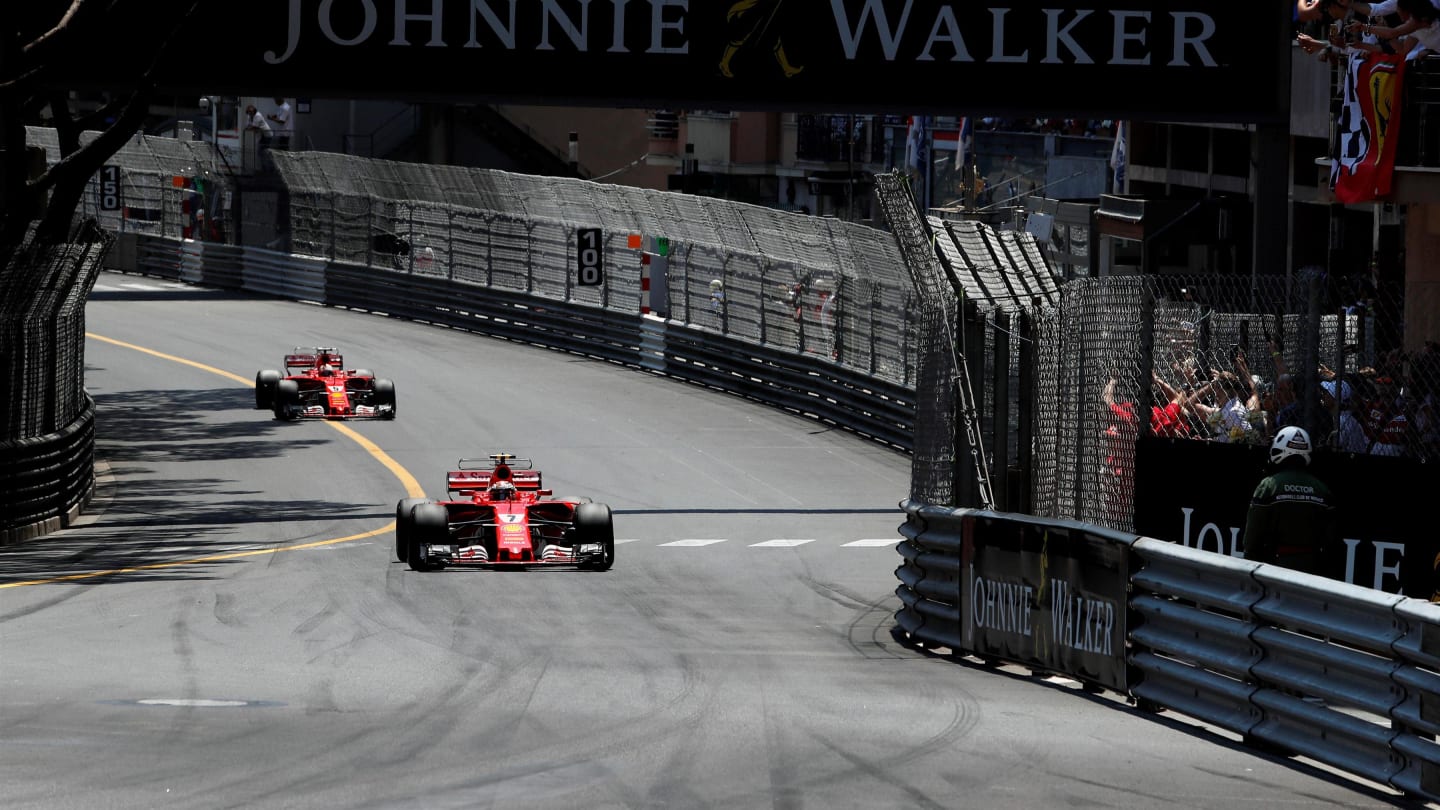 Kimi Raikkonen (FIN) Ferrari SF70-H leads Sebastian Vettel (GER) Ferrari SF70-H at Formula One World Championship, Rd6, Monaco Grand Prix, Race, Monte-Carlo, Monaco, Sunday 28 May 2017. © Sutton Images