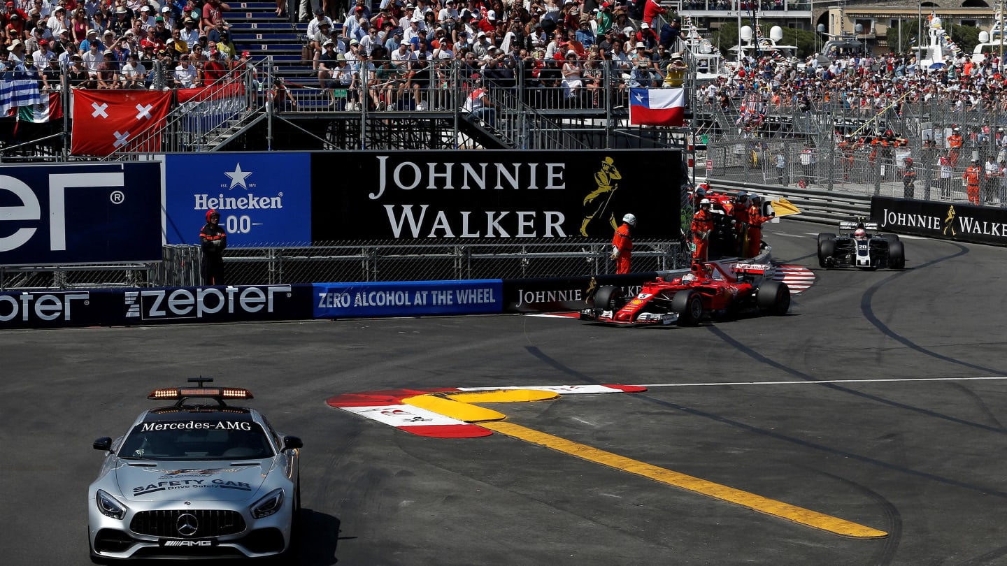 Safety Car leads out Sebastian Vettel (GER) Ferrari SF70-H at Formula One World Championship, Rd6, Monaco Grand Prix, Race, Monte-Carlo, Monaco, Sunday 28 May 2017. © Sutton Images