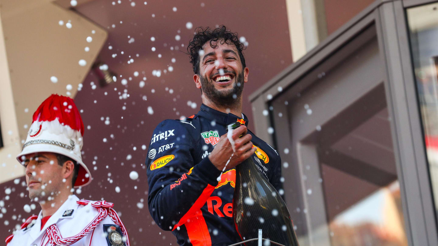 Daniel Ricciardo (AUS) Red Bull Racing celebrates on the podium with the champagne at Formula One World Championship, Rd6, Monaco Grand Prix, Race, Monte-Carlo, Monaco, Sunday 28 May 2017. © Sutton Images