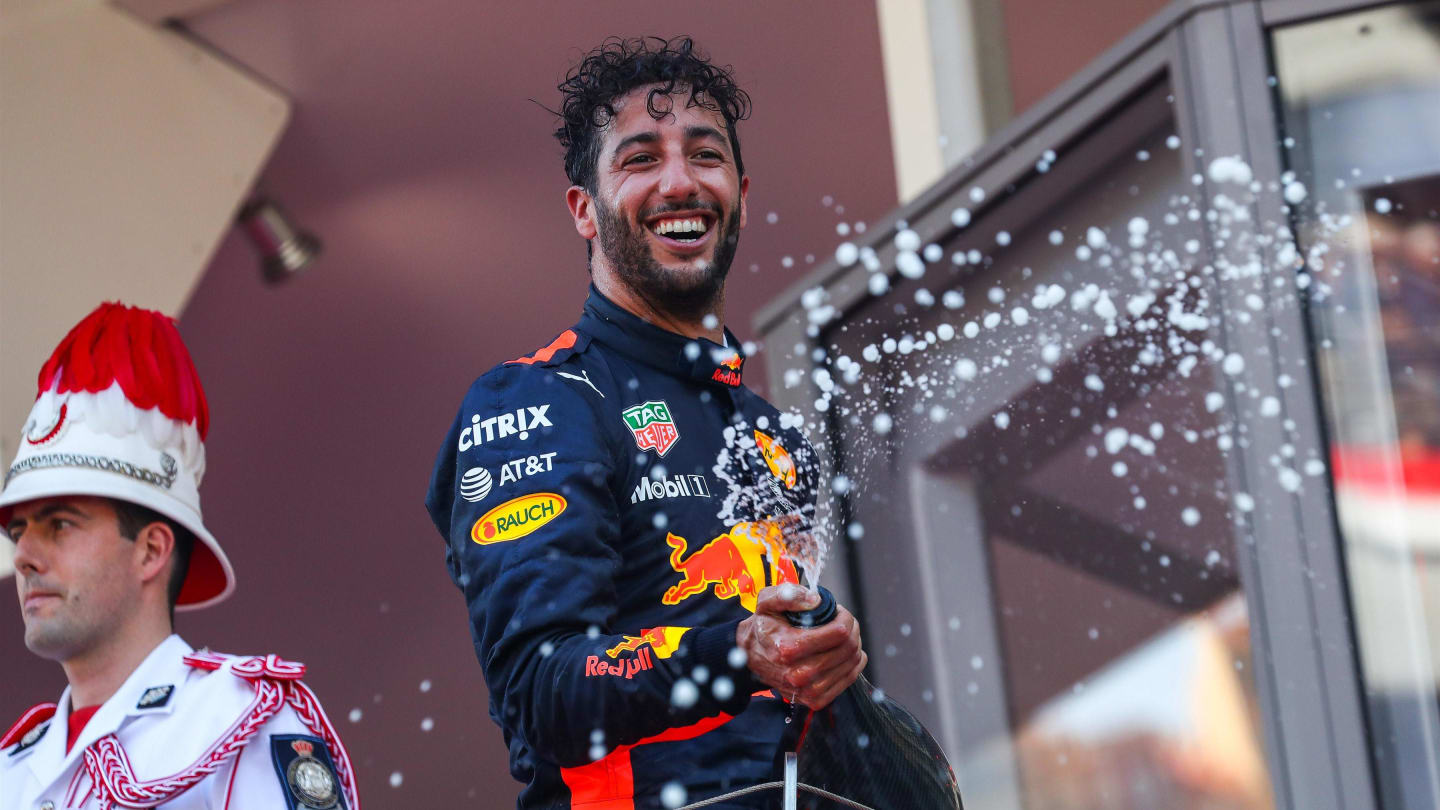Daniel Ricciardo (AUS) Red Bull Racing celebrates on the podium with the champagne at Formula One World Championship, Rd6, Monaco Grand Prix, Race, Monte-Carlo, Monaco, Sunday 28 May 2017. © Sutton Images