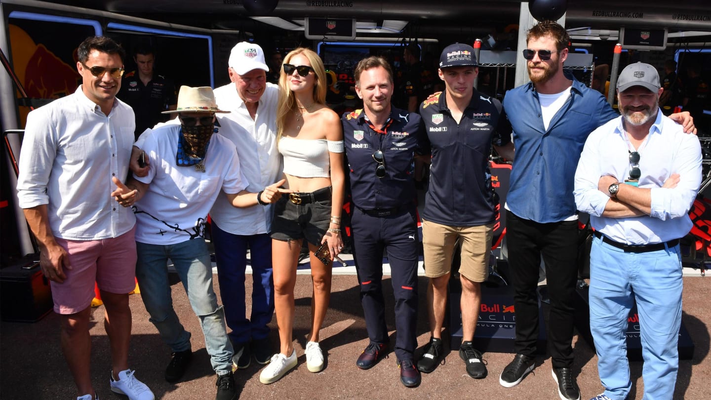 (L to R): Alec Monopoly (USA), Grafitti Artist, Jean-Claude Biver CEO TAG Heuer, Chiara Ferragni (ITA) Fashion Blogger, Christian Horner (GBR) Red Bull Racing Team Principal, Max Verstappen (NED) Red Bull Racing, Chris Hemsworth (AUS) Actor and Philippe E