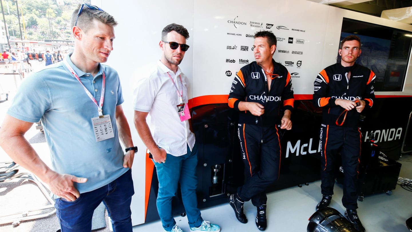 Cyclists Mark Cavendish (GBR) and Mark Renshaw (RSA) in the McLaren garage at Formula One World Championship, Rd6, Monaco Grand Prix, Race, Monte-Carlo, Monaco, Sunday 28 May 2017. © Sutton Images