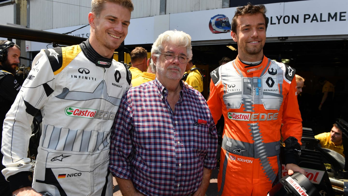 Nico Hulkenberg (GER) Renault Sport F1 Team with George Lucas (USA) and Jolyon Palmer (GBR) Renault Sport F1 Team at Formula One World Championship, Rd6, Monaco Grand Prix, Race, Monte-Carlo, Monaco, Sunday 28 May 2017. © Sutton Images