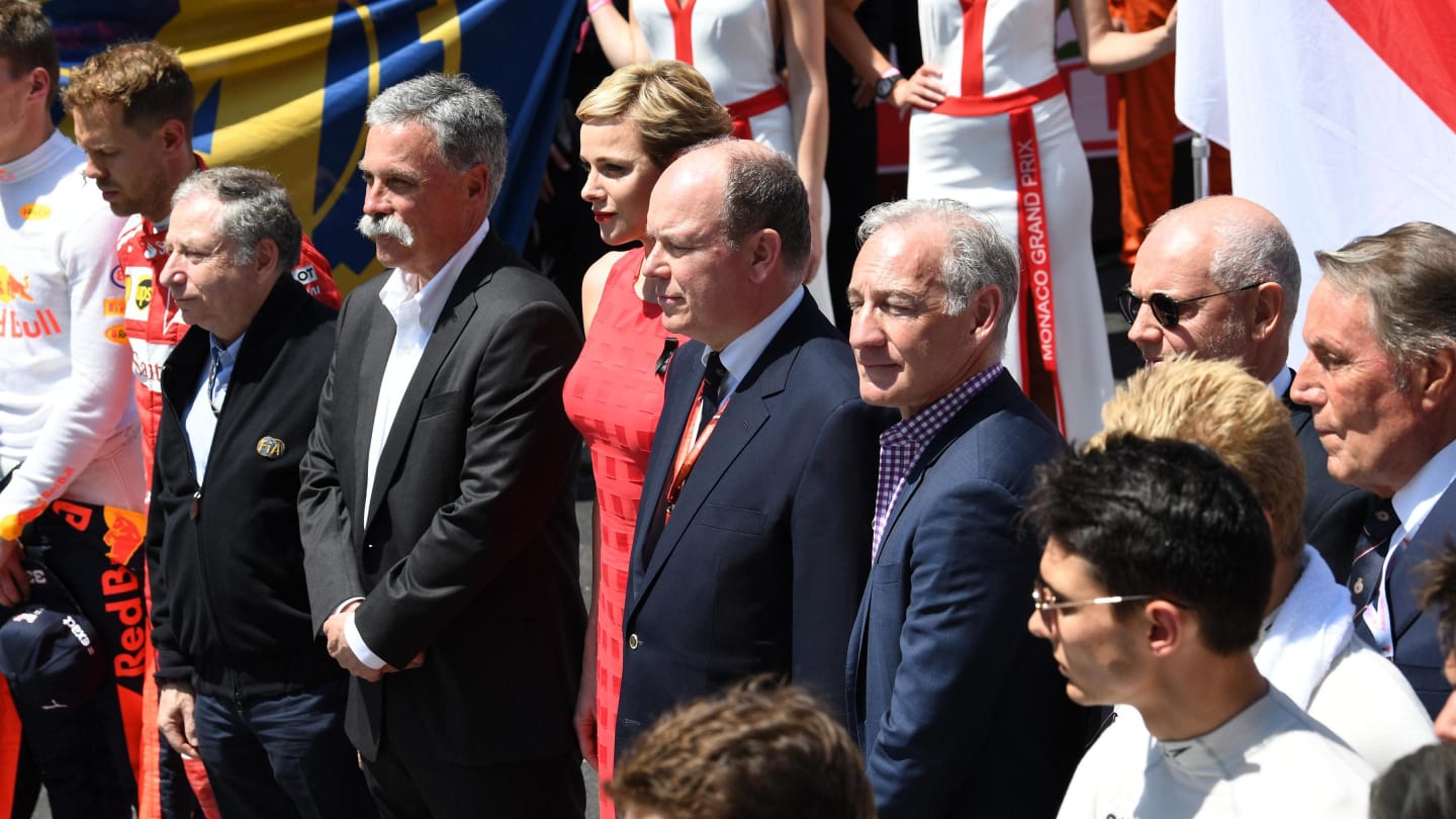 Chase Carey (USA) Chief Executive Officer and Executive Chairman of the Formula One Group, Princess Charlene of Monaco, Charlene Wittstock (RSA) and HSH Prince Albert of Monaco (MON) on the grid at Formula One World Championship, Rd6, Monaco Grand Prix, R