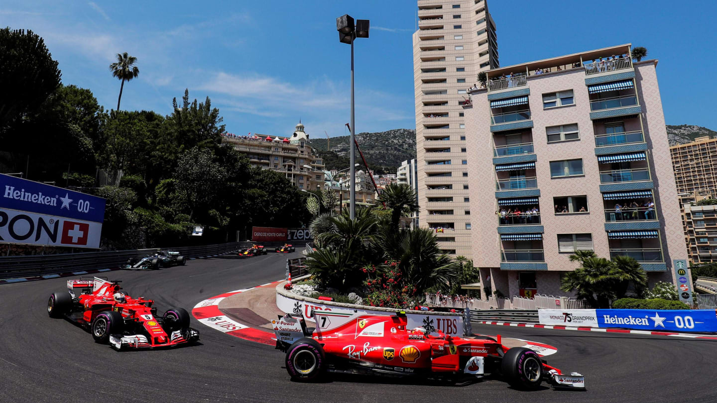 Kimi Raikkonen (FIN) Ferrari SF70-H leads Sebastian Vettel (GER) Ferrari SF70-H at the start of the race Formula One World Championship, Rd6, Monaco Grand Prix, Race, Monte-Carlo, Monaco, Sunday 28 May 2017. © Sutton Images