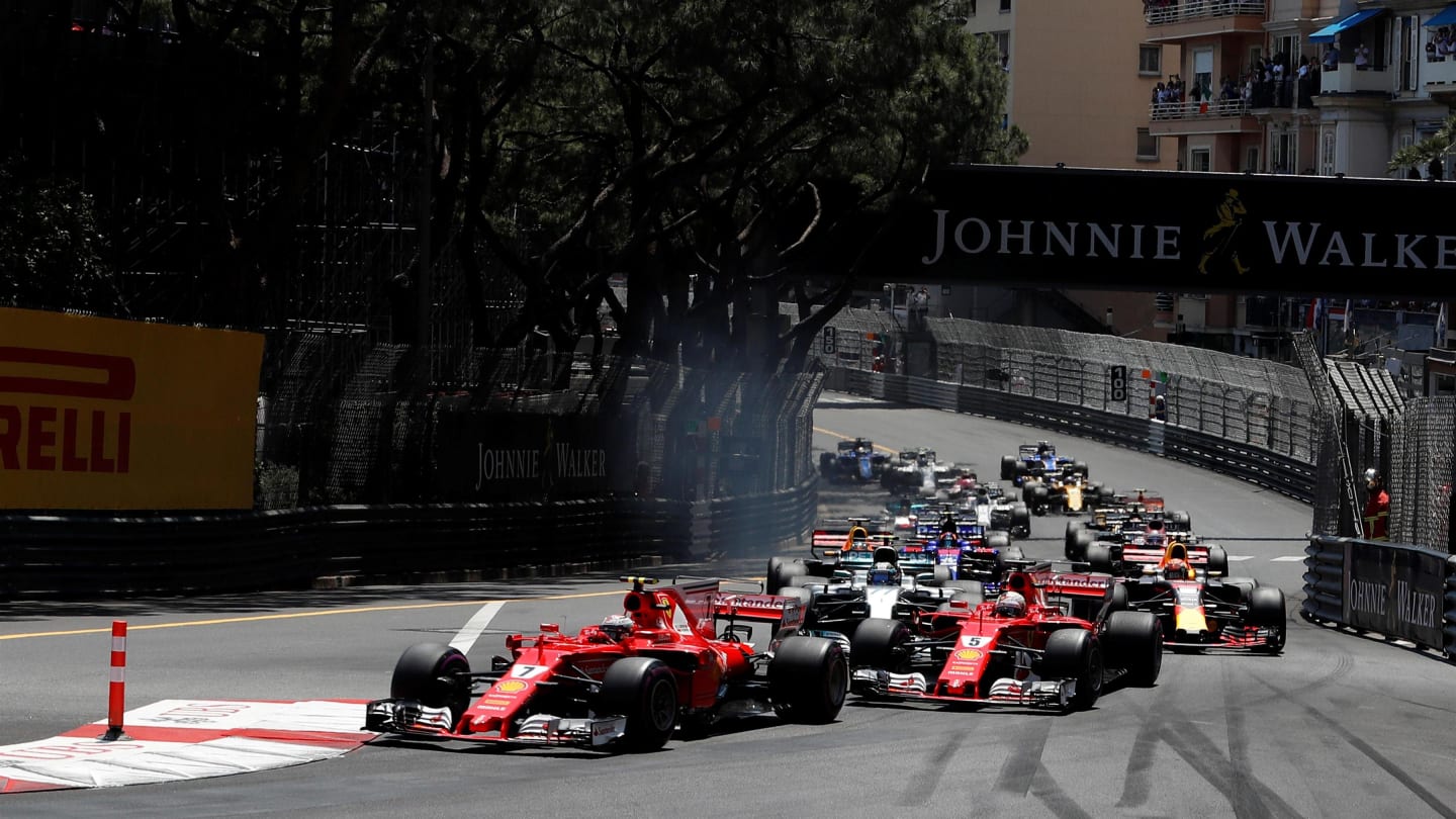 Kimi Raikkonen (FIN) Ferrari SF70-H leads Sebastian Vettel (GER) Ferrari SF70-H at the start of the race at Formula One World Championship, Rd6, Monaco Grand Prix, Race, Monte-Carlo, Monaco, Sunday 28 May 2017. © Sutton Images