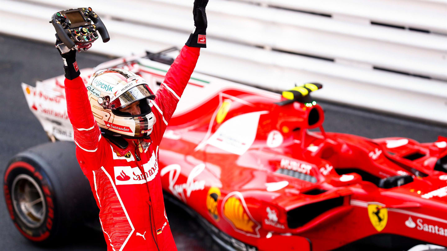 Race winner Sebastian Vettel (GER) Ferrari celebrates in parc ferme at Formula One World Championship, Rd6, Monaco Grand Prix, Race, Monte-Carlo, Monaco, Sunday 28 May 2017. © Sutton Images