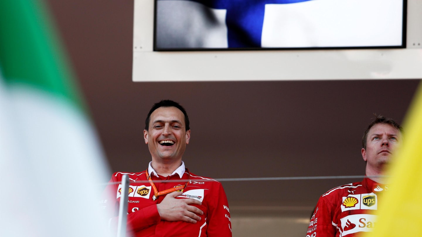 Riccardo Adami (ITA) Ferrari Race Engineer celebrates on the podium and Kimi Raikkonen (FIN) Ferrari at Formula One World Championship, Rd6, Monaco Grand Prix, Race, Monte-Carlo, Monaco, Sunday 28 May 2017. © Sutton Images