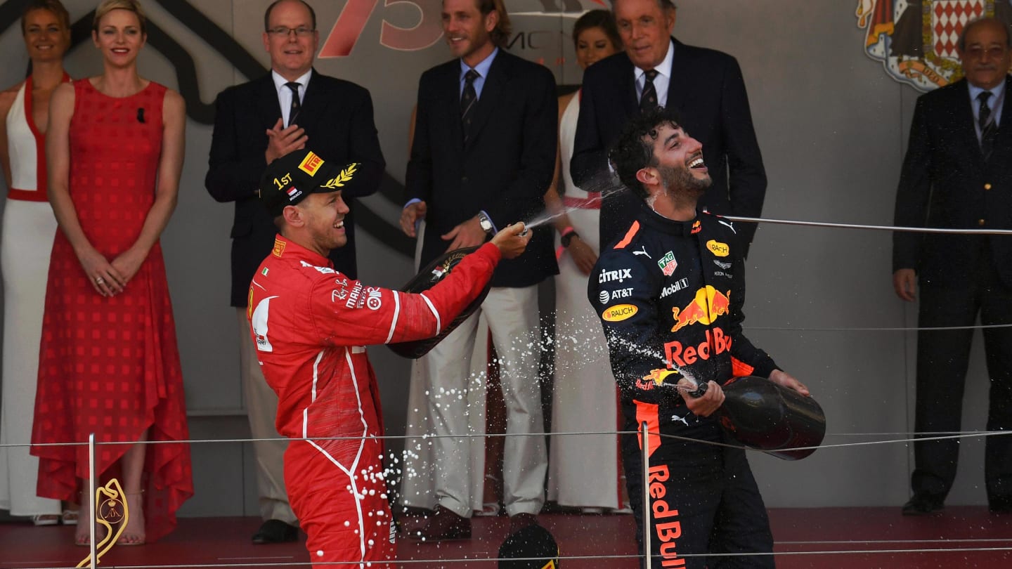 Race winner Sebastian Vettel (GER) Ferrari and Daniel Ricciardo (AUS) Red Bull Racing celebrate on the podium with the champagne at Formula One World Championship, Rd6, Monaco Grand Prix, Race, Monte-Carlo, Monaco, Sunday 28 May 2017. © Sutton Images