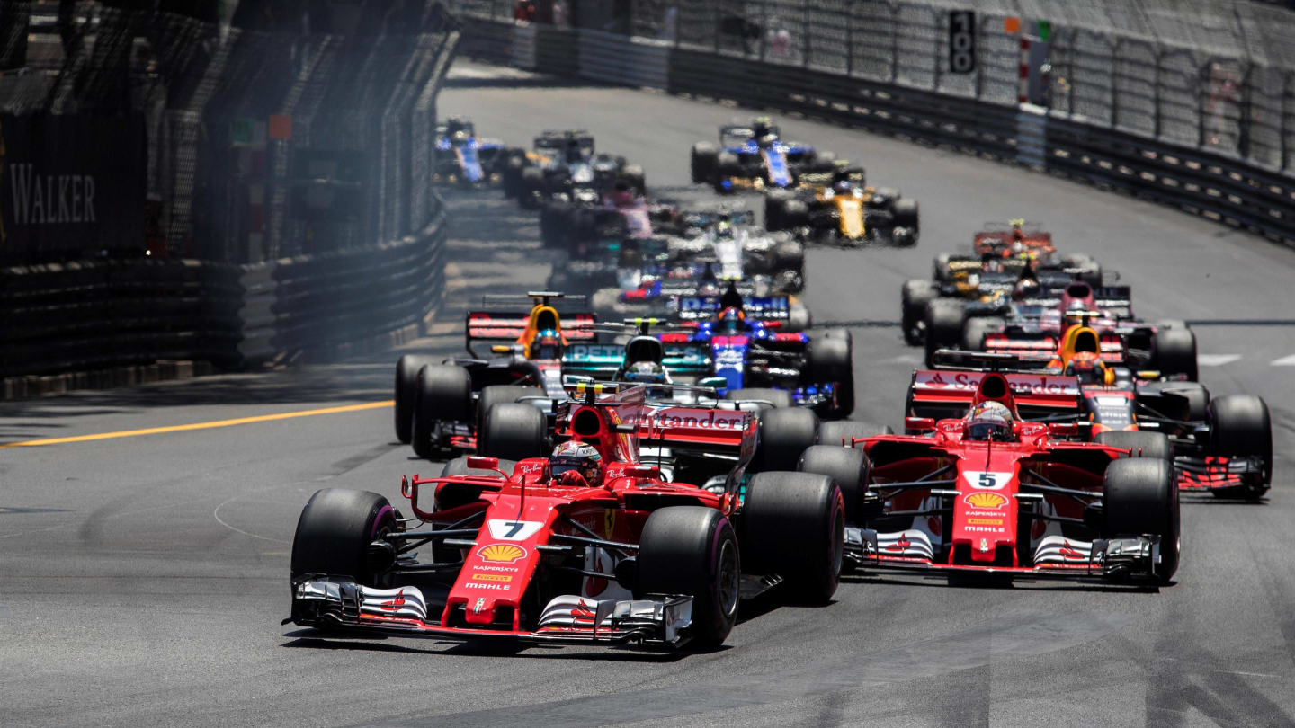 Kimi Raikkonen (FIN) Ferrari SF70-H leads Sebastian Vettel (GER) Ferrari SF70-H at the start of the race at Formula One World Championship, Rd6, Monaco Grand Prix, Race, Monte-Carlo, Monaco, Sunday 28 May 2017. © Sutton Images