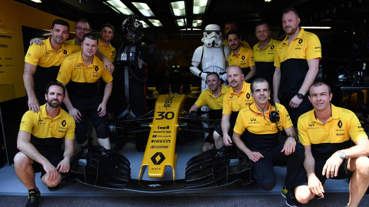 Renault Sport F1 Team mechanics with Renault Sport F1 Team RS17 and a Storm Trooper at Formula One World Championship, Rd6, Monaco Grand Prix, Race, Monte-Carlo, Monaco, Sunday 28 May 2017. © Sutton Images