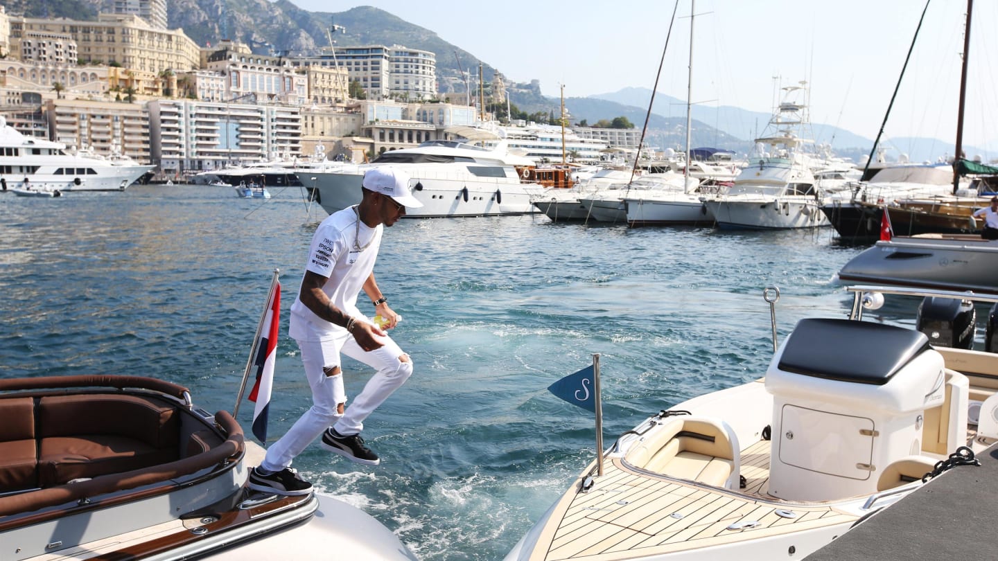 Lewis Hamilton (GBR) Mercedes AMG F1 arrives on a boat at Formula One World Championship, Rd6, Monaco Grand Prix, Race, Monte-Carlo, Monaco, Sunday 28 May 2017. © Sutton Images