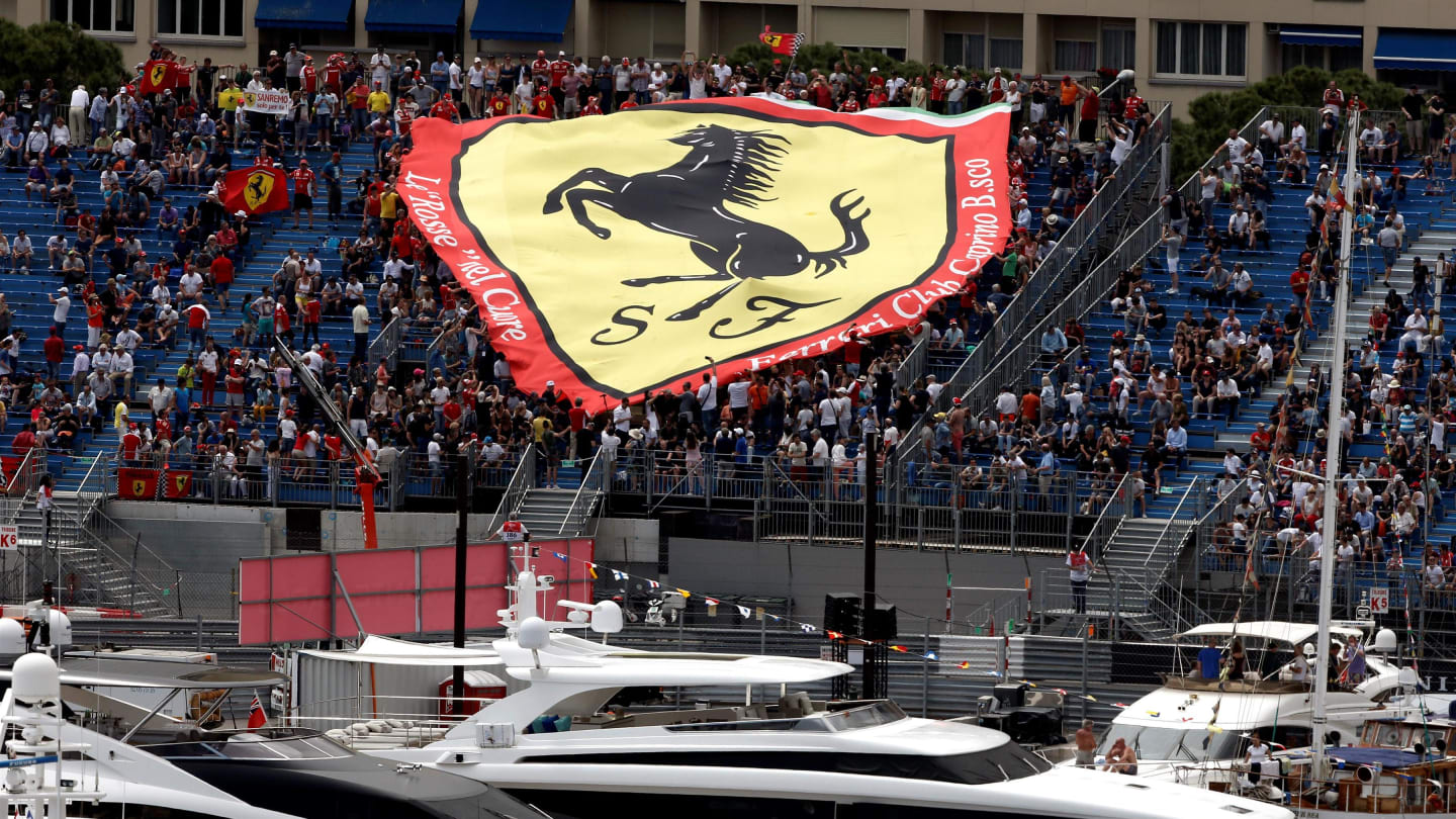 Yachts in the harbour and Fans with Ferrari Flag in the grandstand at Formula One World Championship, Rd6, Monaco Grand Prix, Practice, Monte-Carlo, Monaco, Thursday 25 May 2017. © Sutton Images