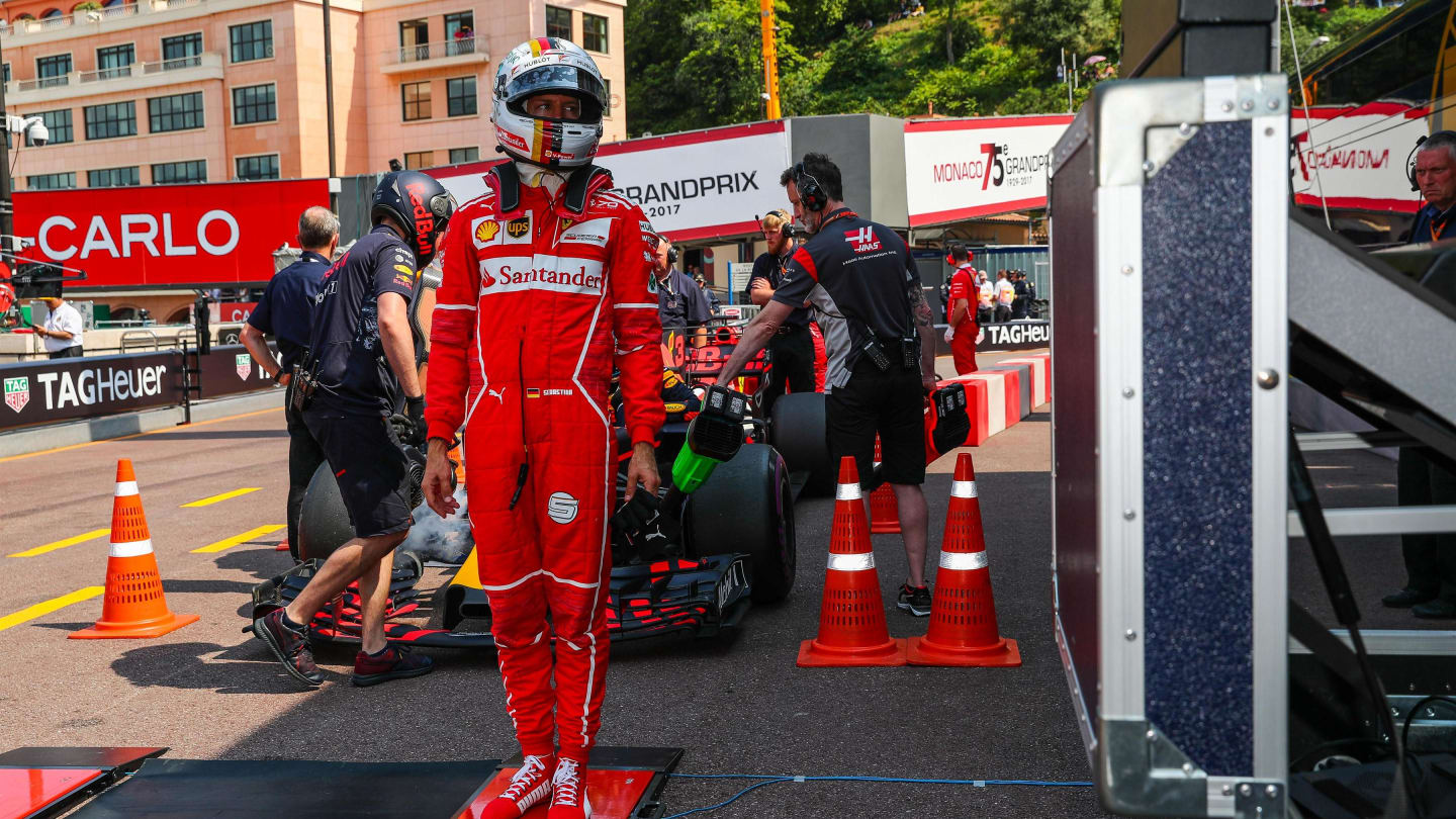 Sebastian Vettel (GER) Ferrari is weighed at Formula One World Championship, Rd6, Monaco Grand Prix, Practice, Monte-Carlo, Monaco, Thursday 25 May 2017. © Sutton Images