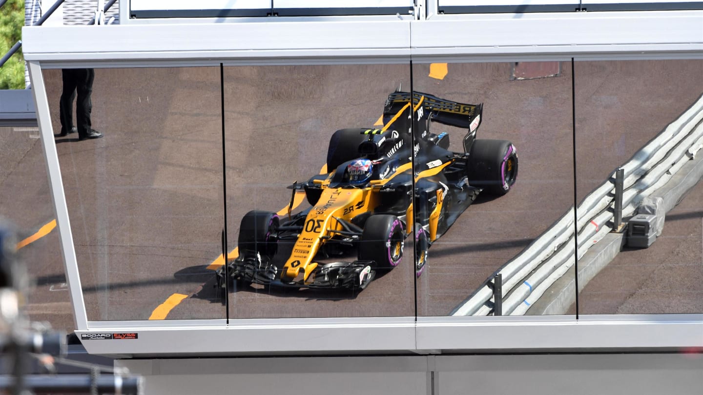 Jolyon Palmer (GBR) Renault Sport F1 Team RS17 reflection at Formula One World Championship, Rd6, Monaco Grand Prix, Practice, Monte-Carlo, Monaco, Thursday 25 May 2017. © Sutton Images