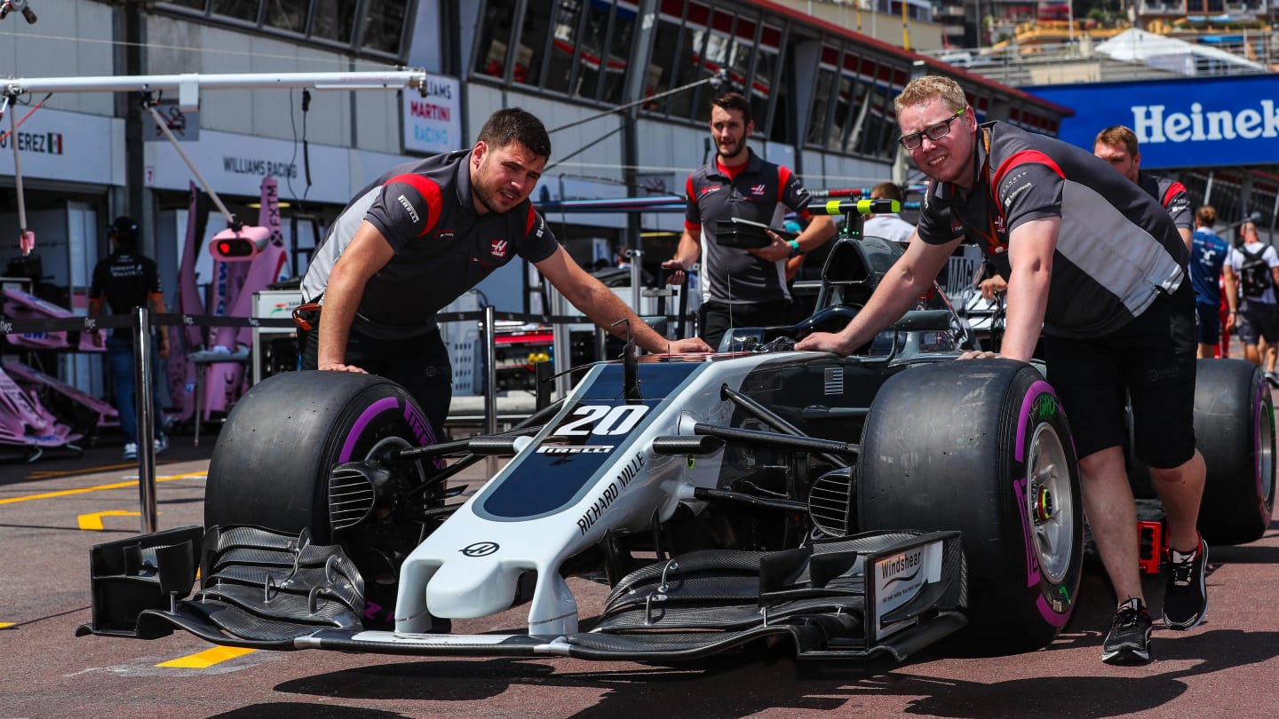 Hass F1 mechanics with the car of Kevin Magnussen (DEN) Haas VF-17 at Formula One World Championship, Rd6, Monaco Grand Prix, Preparations, Monte-Carlo, Monaco, Wednesday 24 May 2017. © Sutton Images
