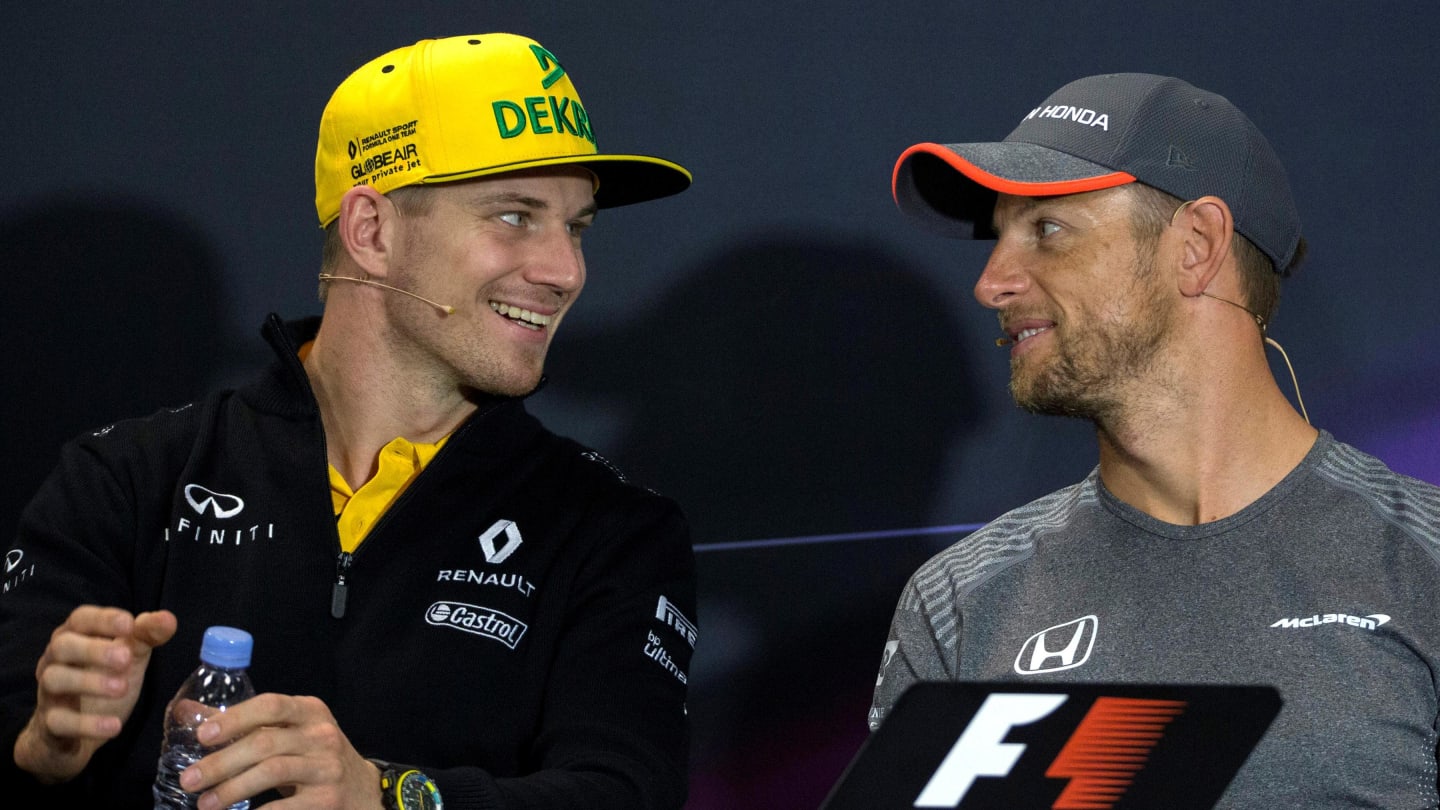 Nico Hulkenberg (GER) Renault Sport F1 Team and Jenson Button (GBR) McLaren in the Press Conference at Formula One World Championship, Rd6, Monaco Grand Prix, Preparations, Monte-Carlo, Monaco, Wednesday 24 May 2017. © Sutton Images