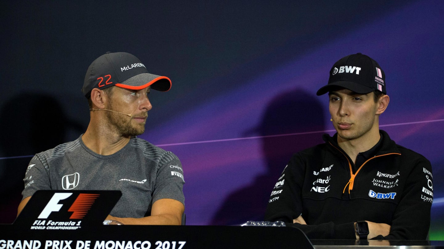 Jenson Button (GBR) McLaren and Esteban Ocon (FRA) Force India in the Press Conference at Formula One World Championship, Rd6, Monaco Grand Prix, Preparations, Monte-Carlo, Monaco, Wednesday 24 May 2017. © Sutton Images