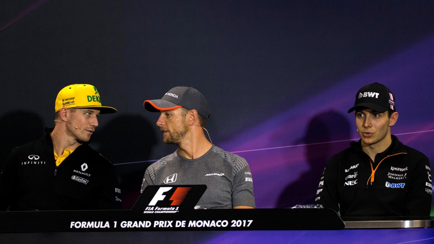 Hulkenberg (GER) Renault Sport F1 Team, Button (GBR) McLaren and Esteban Ocon (FRA) Force India in the Press Conference at Formula One World Championship, Rd6, Monaco Grand Prix, Preparations, Monte-Carlo, Monaco, Wednesday 24 May 2017. © Sutton Images