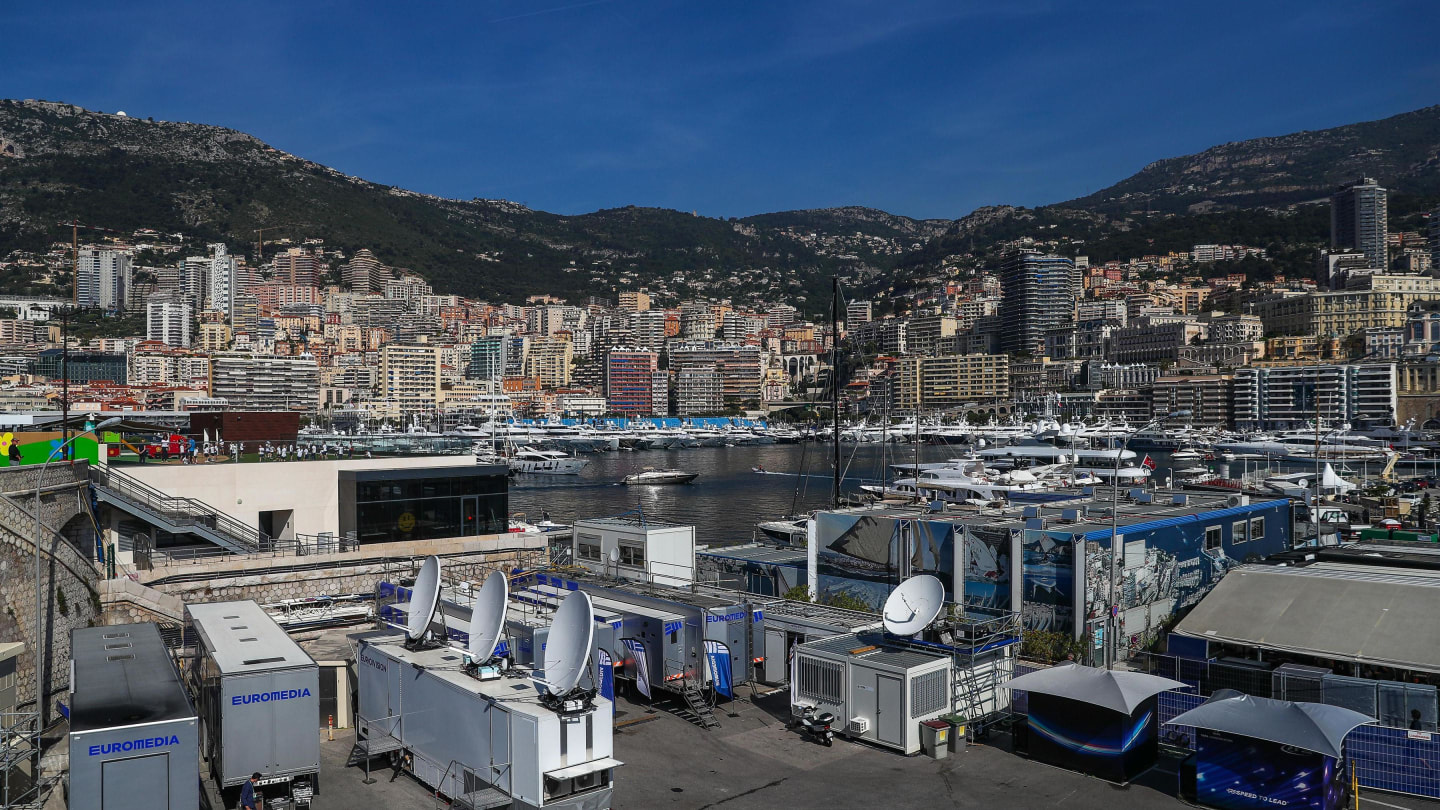 Satellite trucks at Formula One World Championship, Rd6, Monaco Grand Prix, Preparations, Monte-Carlo, Monaco, Wednesday 24 May 2017. © Sutton Images