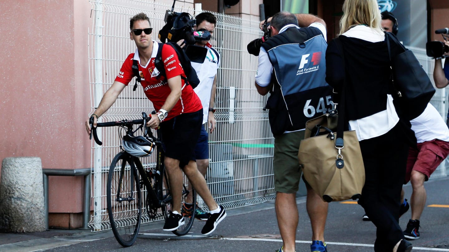 Sebastian Vettel (GER) Ferrari on a bike at Formula One World Championship, Rd6, Monaco Grand Prix, Preparations, Monte-Carlo, Monaco, Wednesday 24 May 2017. © Sutton Images