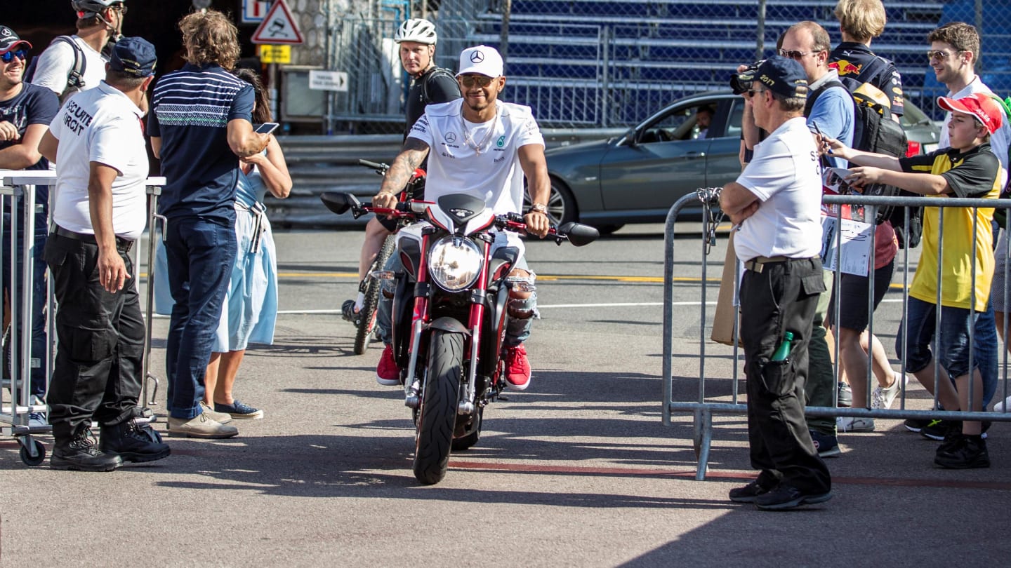 Lewis Hamilton (GBR) Mercedes AMG F1 on his MV Agusta Custom Dragster RR LH44 Superbike at Formula One World Championship, Rd6, Monaco Grand Prix, Preparations, Monte-Carlo, Monaco, Wednesday 24 May 2017. © Sutton Images