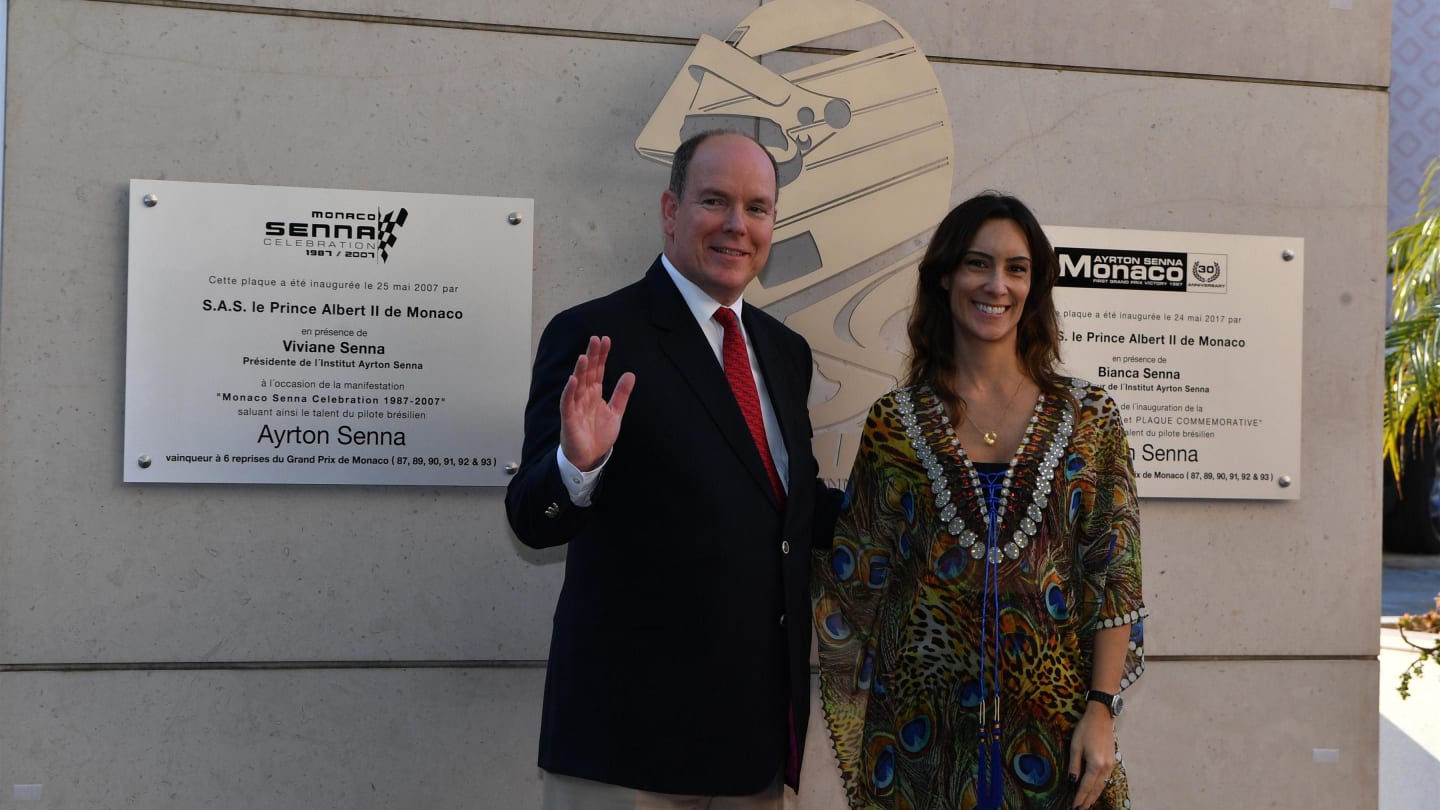 HSH Prince Albert of Monaco (MON) and Bianca Senna (BRA) unveil a plaque at the Fairmont Hotel to commemorate the 30th Anniversary of Ayrton Senna's win at the Monaco GP at Formula One World Championship, Rd6, Monaco Grand Prix, Preparations, Monte-Carlo, Monaco, Wednesday 24 May 2017. © Sutton Images