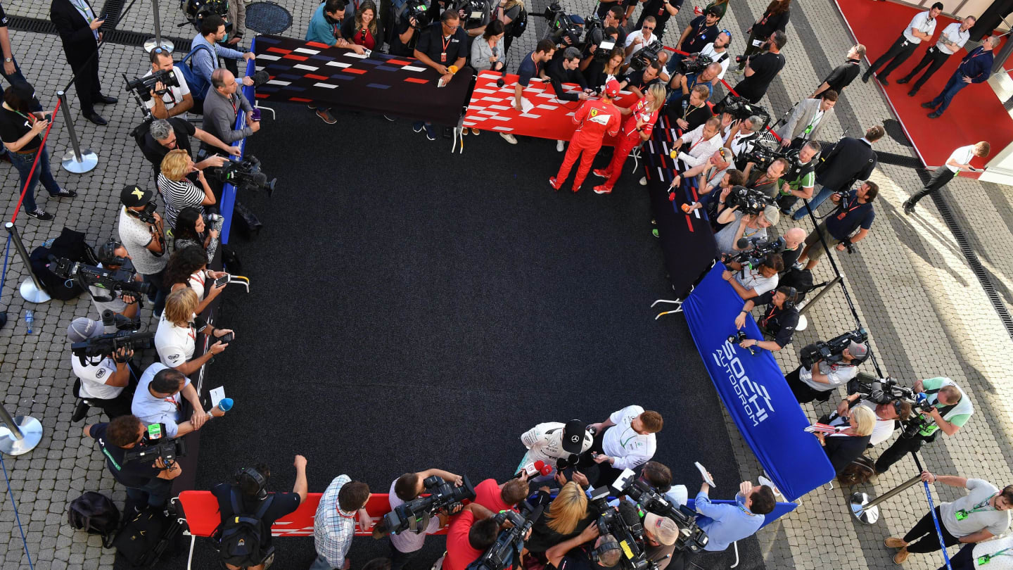 Sebastian Vettel (GER) Ferrari in the media pen at Formula One World Championship, Rd4, Russian Grand Prix, Qualifying, Sochi Autodrom, Sochi, Krasnodar Krai, Russia, Saturday 29 April 2017. © Sutton Motorsport Images