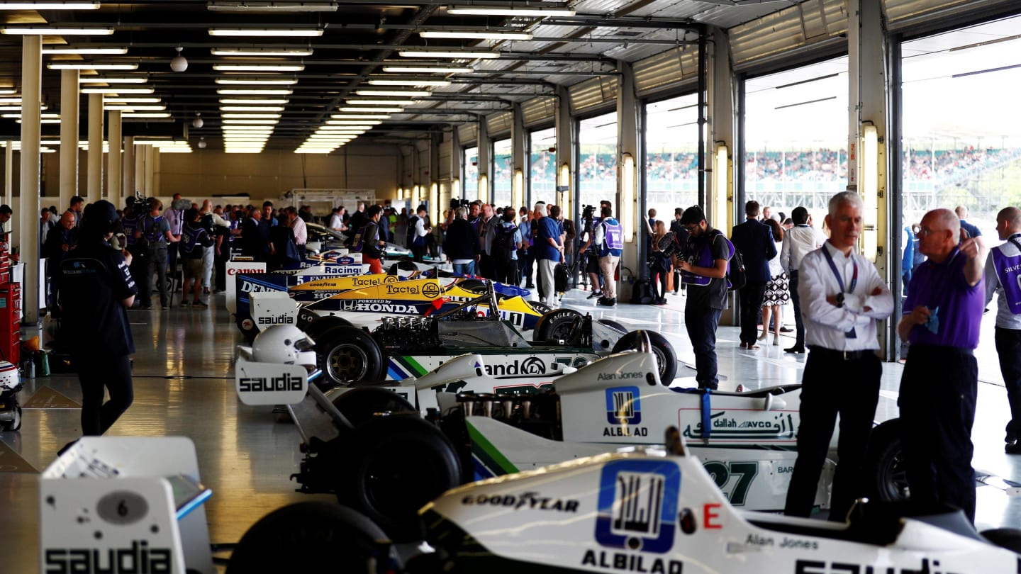 A line-up of Williams F1 cars in the garage at Williams, British Grand Prix Preview Day, Silverstone, England, 2 June 2017. © Sutton Images