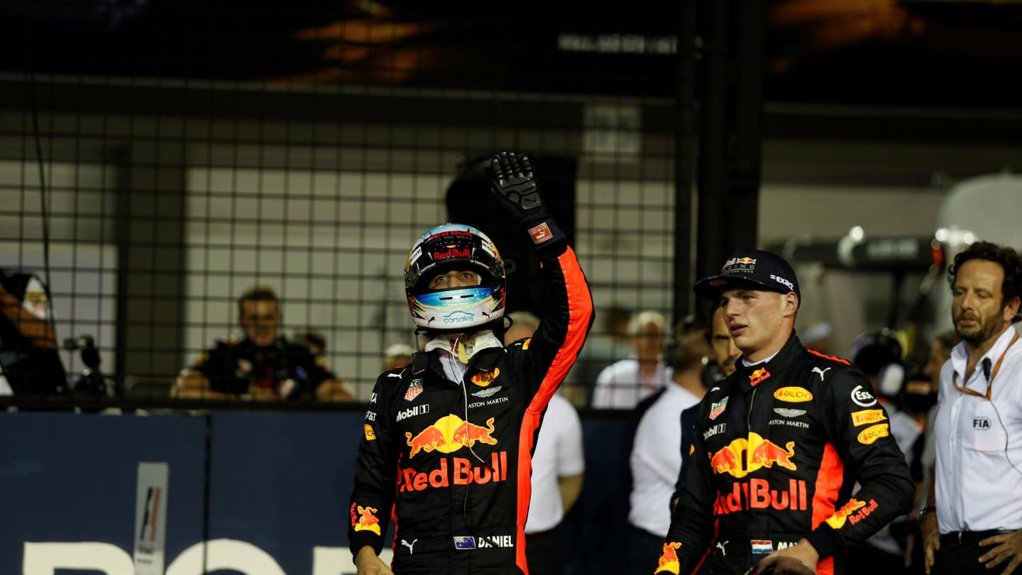 Ricciardo (AUS) Red Bull Racing and Verstappen (NED) Red Bull Racing celebrate in parc ferme at Formula One World Championship, Rd14, Singapore Grand Prix, Qualifying, Marina Bay Street Circuit, Singapore, Saturday 16 September 2017. © Sutton Images