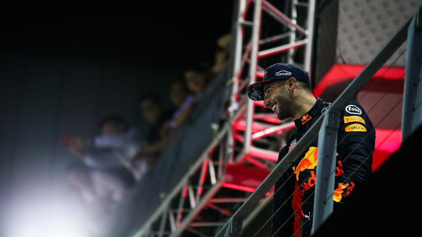 Daniel Ricciardo (AUS) Red Bull Racing celebrates On the podium at Formula One World Championship, Rd14, Singapore Grand Prix, Race, Marina Bay Street Circuit, Singapore, Sunday 17 September 2017. © Mirko Stange/Sutton Images