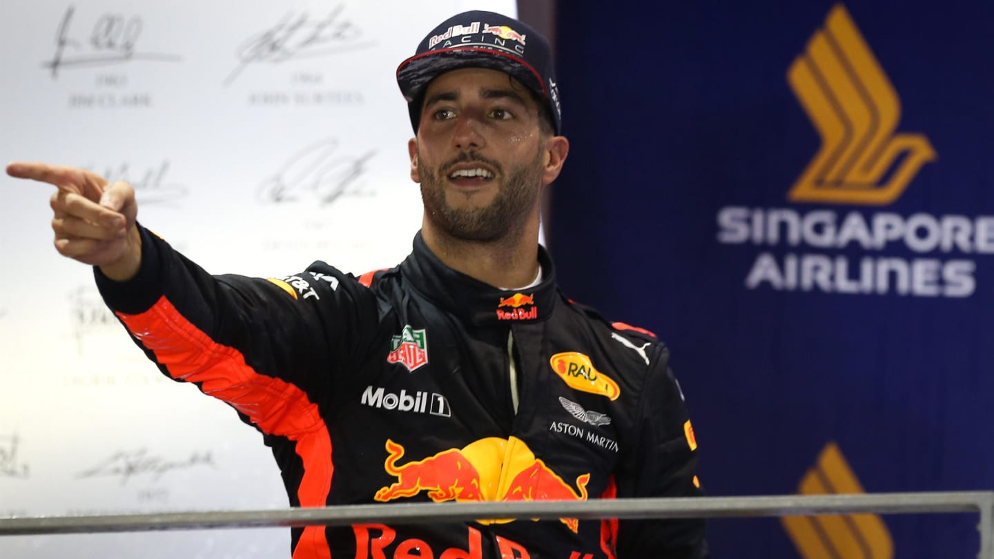 Daniel Ricciardo (AUS) Red Bull Racing Celebrates On the podium at Formula One World Championship, Rd14, Singapore Grand Prix, Race, Marina Bay Street Circuit, Singapore, Sunday 17 September 2017. © Mirko Stange/Sutton Images