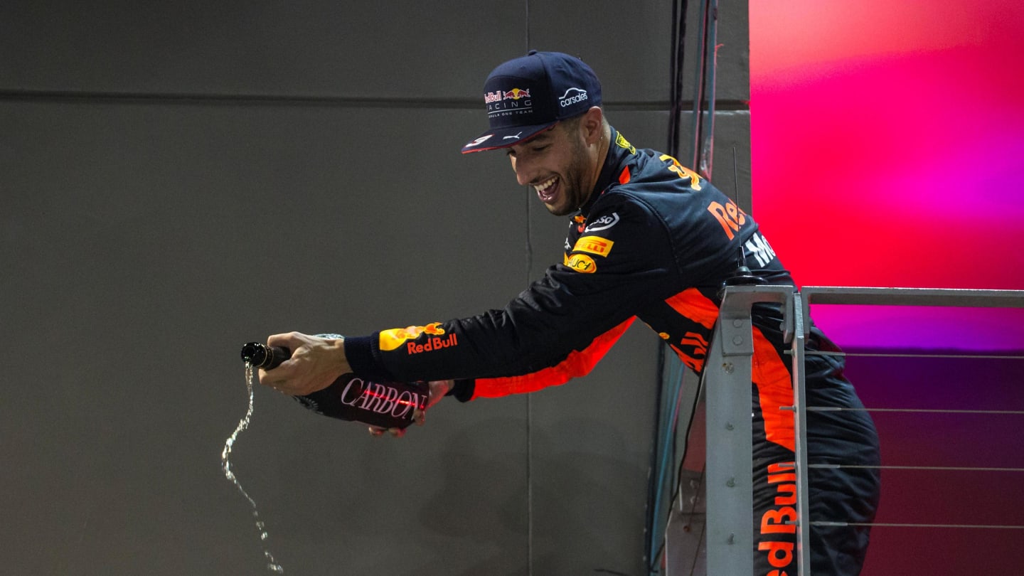 Daniel Ricciardo (AUS) Red Bull Racing celebrates on the podium with the champagne at Formula One World Championship, Rd14, Singapore Grand Prix, Race, Marina Bay Street Circuit, Singapore, Sunday 17 September 2017. © Manuel Goria/Sutton Images