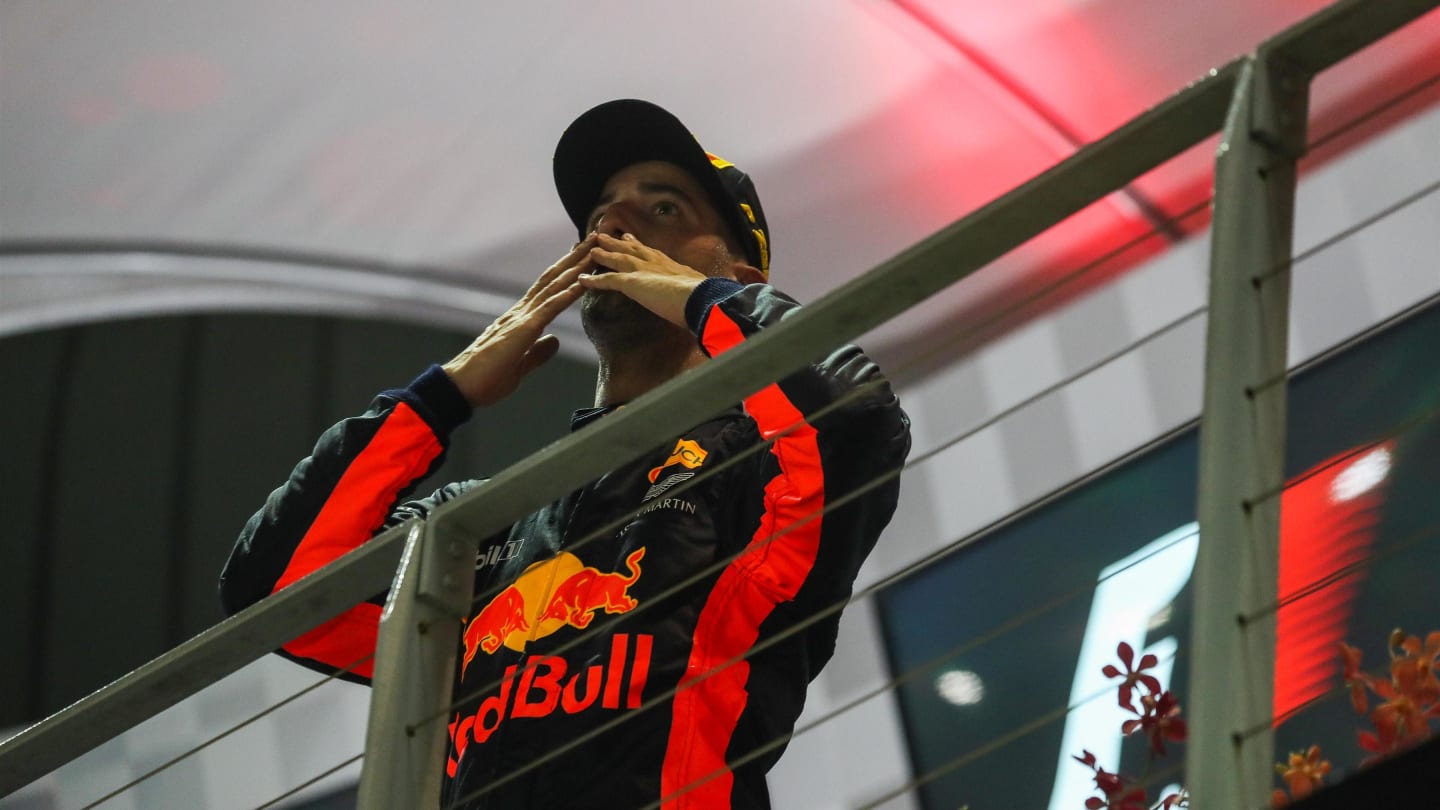 Daniel Ricciardo (AUS) Red Bull Racing Celebrates On the podium at Formula One World Championship, Rd14, Singapore Grand Prix, Race, Marina Bay Street Circuit, Singapore, Sunday 17 September 2017. © Sutton Images